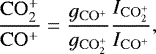 \[ \mathrm{\frac{CO_2^&#x002B;}{CO^&#x002B;}} = \frac{{g}_{\mathrm{CO^&#x002B;}}}{g_{\mathrm{CO_2^&#x002B;}}}\frac{I_{\mathrm{CO_2^&#x002B;}}}{I_{\mathrm{CO^&#x002B;}}},\]