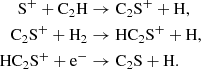 $$ \begin{aligned} \mathrm{S}^{+} + \mathrm{C}_2\mathrm{H}&\rightarrow \mathrm{C}_2\mathrm{S}^{+} + \mathrm{H},\\ \mathrm{C}_2\mathrm{S}^{+} + \mathrm{H}_{2}&\rightarrow \mathrm{HC}_2\mathrm{S}^{+} + \mathrm{H},\\ \mathrm{HC}_2\mathrm{S}^{+} + \mathrm{e}^{-}&\rightarrow \mathrm{C}_2\mathrm{S} + \mathrm{H}. \end{aligned} $$
