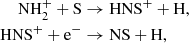 $$ \begin{aligned} \mathrm{NH}_{2}^{+} + \mathrm{S}&\rightarrow \mathrm{HNS}^{+} + \mathrm{H},\\ \mathrm{HNS}^{+} + \mathrm{e}^{-}&\rightarrow \mathrm{NS} + \mathrm{H}, \end{aligned} $$