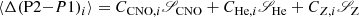 $$ \begin{aligned} \langle \Delta (\mathrm P2{-}P1 )_i \rangle = C_{\mathrm{CNO} ,i} \fancyscript {S}_\mathrm{CNO} + C_{\mathrm{He} ,i} \fancyscript {S}_\mathrm{He} + C_{Z,i} \fancyscript {S}_\mathrm{Z} \end{aligned} $$