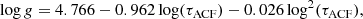 $$ \begin{aligned} \log {g} = 4.766 - 0.962 \log (\tau _\mathrm{ACF} ) - 0.026 \log ^2 (\tau _\mathrm{ACF} ), \end{aligned} $$