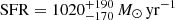 $ {\mathrm{SFR}}=1020^{+190}_{-170}\,{M_{\odot}\,\mathrm{yr}^{-1}} $