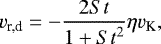 \begin{align*} {v}_{\textrm{r,d}} = - \frac{2 {St}}{1 &#x002B; {St}^2} \eta {v}_{\textrm{K}},\end{align*}