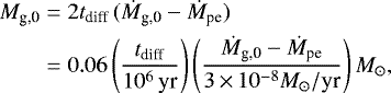 \begin{align*} M_{\textrm{g,0}} & = 2 t_{\textrm{diff}} \,(\dot{M}_{\textrm{g,0}} - \dot{M}_{\textrm{pe}}) \nonumber\\ & = 0.06 \left(\frac{t_{\textrm{diff}}}{10^6\,\textrm{yr}}\right) \left(\frac{\dot{M}_{\textrm{g,0}} - \dot{M}_{\textrm{pe}}}{3\,{\times}\, 10^{-8} M_{\odot}/\textrm{yr}}\right) M_{\odot}, \end{align*}