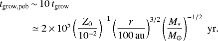 \begin{align*} t_{\textrm{grow,peb}} & \,{\sim}\, 10 \, t_{\textrm{grow}} \nonumber\\ & \simeq 2 \,{\times}\, 10^5 \left(\frac{Z_0}{10^{-2}}\right)^{-1} \left(\frac{r}{100\,\textrm{au}}\right)^{3/2} \left(\frac{M_{\ast}}{M_{\odot}}\right)^{-1/2}\; \textrm{yr}.\end{align*}