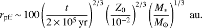 \begin{equation*} r_{\textrm{pff}} \,{\sim}\, 100 \left(\frac{t}{2 \,{\times}\, 10^5\,\textrm{yr}}\right)^{2/3} \left(\frac{Z_0}{10^{-2}}\right)^{2/3} \left(\frac{M_{\ast}}{M_{\odot}}\right)^{1/3}\; \textrm{au}.\end{equation*}