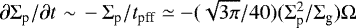 $\partial \Sigma_{\textrm{p}}/\partial t \,\,{\sim}\, - \Sigma_{\textrm{p}}/t_{\textrm{pff}} \simeq - (\sqrt{3\pi}/40)(\Sigma_{\textrm{p}}^2/\Sigma_{\textrm{g}})\Omega$
