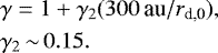 \begin{align*} & \gamma = 1 &#x002B; \gamma_2 (300\,\textrm{au}/{r_{\textrm{d,0}}}), \nonumber\\ & \gamma_2 \,{\sim}\, 0.15.\vspace*{-3pt}\end{align*}