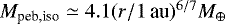 $M_{\textrm{peb,iso}} \simeq 4.1 (r/1\,\textrm{au})^{6/7} M_{\oplus}$