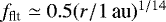 $f_{\textrm{flt}} \simeq 0.5 (r/1\,\textrm{au})^{1/14}$