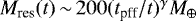 $M_{\textrm{res}}(t) \,{\sim}\, 200 (t_{\textrm{pff}}/t)^{\gamma} M_{\oplus}$