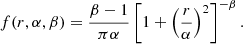 $$ \begin{aligned} f(r,\alpha ,\beta )=\frac{\beta -1}{\pi \alpha }\left[1+\left(\frac{r}{\alpha }\right)^2\right]^{-\beta }. \end{aligned} $$