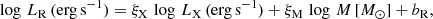 $$ \begin{aligned} \log \,L_{\rm R}\,(\mathrm{erg\,s^{-1}})= \xi _{\rm X}\,\log \,L_{\rm X}\,(\mathrm{erg\,s^{-1}})+ \xi _{\rm M}\,\log \,M\,[M_{\odot }] + b_{\rm R} ,\end{aligned} $$