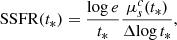 $$ \begin{aligned} \mathrm{SSFR}(t_{*})=\frac{ \mathrm{{log}}\, e}{t_{*}}\frac{\mu _{s}^c(t_{*})}{\Delta \mathrm{{log}}\,t_{*}} , \end{aligned} $$