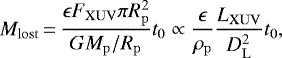 \begin{equation*}M_{\mathrm{lost}}\,{=}\,\frac{\epsilon F_{\mathrm{XUV}} \pi R_{\mathrm{p}}^2}{G M_{\mathrm{p}}/{R_{\mathrm{p}}}}t_{\mathrm{0}} \propto \frac{\epsilon}{\rho_{\mathrm{p}}} \frac{L_{\mathrm{XUV}}}{D_{\mathrm{L}}^2}t_{\mathrm{0}}, \end{equation*}