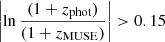 $$ \begin{aligned} \left| \ln \frac{(1+z_{\mathrm{phot} })}{(1+z_{\mathrm{MUSE} })} \right| > 0.15 \end{aligned} $$
