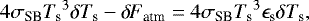 \begin{equation*} 4 \sigma_{\textrm{SB}} {T_{\textrm{s}}}^3 \delta {T_{\textrm{s}}} - {\delta \! \! \: F}_{\textrm{atm}} = 4 \sigma_{\textrm{SB}} {T_{\textrm{s}}}^3 \epsilon_{\textrm{s}} \delta {T_{\textrm{s}}}, \end{equation*}