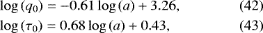 \begin{align}\hspace*{-2pt} & \log \left( q_{0} \right) = - 0.61 \log \left( a \right) &#x002B; 3.26, \\ \hspace*{-2pt} & \log \left( \tau_{0} \right) = 0.68 \log \left( a \right) &#x002B; 0.43, \end{align}