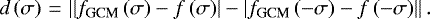 \begin{equation*} d \left( \sigma \right)\,{=}\,\left| \left| f_{\textrm{GCM}} \left( \sigma \right) - f \left( \sigma \right) \right| - \left| f_{\textrm{GCM}} \left( - \sigma \right) - f \left(- \sigma \right) \right| \right|. \end{equation*}