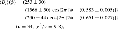 $$ \begin{aligned} \langle B_z\rangle (\phi )&=(253\pm 30)\nonumber \\&\;\;+(1566\pm 50)\,\cos \{2\pi \,[\phi -(0.583\pm 0.005)]\}\nonumber \\&\;\;+(290\pm 44)\,\cos \{2\pi \,[2\phi -(0.651\pm 0.027)]\}\nonumber \\&(\nu =34,\ \chi ^2/\nu =9.8),\end{aligned} $$