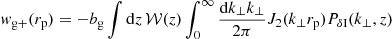 $$ \begin{aligned} w_{\mathrm{g+}}(r_{\rm p}) = -b_{\rm g}\int \mathrm{d}z \, {\mathcal{W} }(z) \int ^{\infty }_{0} \frac{\mathrm{d}k_{\perp }k_{\perp }}{2\pi } J_{2}(k_{\perp }r_{\rm p}) P_{\delta \mathrm{I}}(k_{\perp }, z) \end{aligned} $$