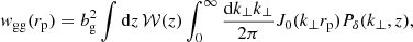 $$ \begin{aligned} w_{{\mathrm{gg}}}(r_{\rm p}) = b_{\rm g}^{2}\int \mathrm{d}z \, {\mathcal{W} }(z) \int ^{\infty }_{0} \frac{\mathrm{d}k_{\perp }k_{\perp }}{2\pi } J_{0}(k_{\perp }r_{\rm p}) P_{\delta }(k_{\perp }, z) , \end{aligned} $$