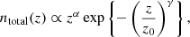 $$ \begin{aligned} n_{\mathrm{total} }(z) \propto z^{\alpha }\, \mathrm{exp} \left\{ - \left( \frac{z}{z_{0}} \right) ^{\gamma } \right\} , \end{aligned} $$