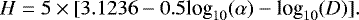 \begin{equation*}H = 5 \times [3.1236 - 0.5 \textrm{log}_{10}(\alpha)-\textrm{log}_{10}(D)].\end{equation*}