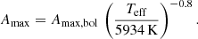 $$ \begin{aligned} A_{\rm max} = A_{\rm max, bol} \, \left(\frac{T_{\mathrm{eff}}}{5934\,\mathrm{K}} \right)^{-0.8}. \end{aligned} $$