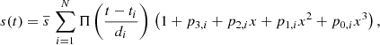 $$ \begin{aligned} s(t ) = \overline{s} \, \sum _{i=1}^{N} \Pi \left( { {t-t_i}\over d_i } \right) \, \left(1 + p_{3,i} + p_{2,i} x + p_{1,i} x^2 + p_{0,i} x^3 \right) , \end{aligned} $$