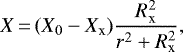 \begin{equation*} X \,{=}\, (X_0 - X_{\textrm{x}}) \frac{R_{\textrm{x}}^{2}}{r^2&#x002B;R_{\textrm{x}}^2} ,\end{equation*}