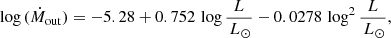 $$ \begin{aligned} \log \,({\dot{M}}_{\rm out})=-5.28+0.752\,\log {L\over \,L_{\odot }}-0.0278\,\log ^2{L\over \,L_{\odot }} , \end{aligned} $$