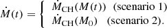 $$ \begin{aligned} {\dot{M}}(t)=\left\{ \begin{array}{l} {\dot{M}}_{\rm CH}(M(t))\;\;\mathrm{(scenario\ 1)}\\ {\dot{M}}_{\rm CH}({M_{0}})\quad \mathrm{(scenario\ 2)}. \end{array}\right. \end{aligned} $$