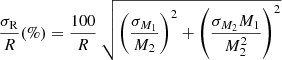 $$ \begin{aligned} \frac{\sigma _{\rm R}}{R} (\%)=\frac{100}{R}~\sqrt{\left(\frac{\sigma _{M_1}}{M_2}\right)^2 + \left(\frac{\sigma _{M_2}M_1}{M_2^2}\right)^2} \end{aligned} $$