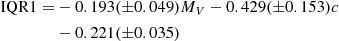 $$ \begin{aligned} \mathrm{IQR1} =& -0.193(\pm 0.049) M_V -0.429(\pm 0.153) c \nonumber \\&-0.221(\pm 0.035) \end{aligned} $$