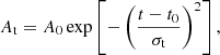 $$ \begin{aligned} A_{\rm t} = A_{0} \exp \left[ - \left(\frac{t - t_\mathrm{0} }{\sigma _{\rm t}}\right)^2\right], \end{aligned} $$