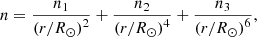 $$ \begin{aligned} n=\frac{n_{1}}{\left( r/R_{\odot }\right)^2} +\frac{n_{2}}{\left( r/R_{\odot }\right)^4} +\frac{n_{3}}{\left( r/R_{\odot }\right)^6}, \end{aligned} $$