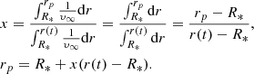 $$ \begin{aligned}&x = \frac{\int _{R_*}^{r_p} \frac{1}{\upsilon_{\infty }} \mathrm{d}r}{\int _{R_*}^{r(t)} \frac{1}{\upsilon_{\infty }} \mathrm{d}r} = \frac{\int _{R_*}^{r_p} \mathrm{d}r}{\int _{R_*}^{r(t)} \mathrm{d}r} = \frac{r_p - R_*}{r(t) - R_*}, \nonumber \\&r_p = R_* + x (r(t) - R_*). \end{aligned} $$
