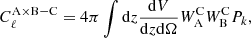 $$ \begin{aligned} C_{\ell }^\mathrm{A\times B-C} = 4 \pi \int \mathrm{d}z \frac{\mathrm{d}V}{\mathrm{d}z\mathrm{d}\Omega } W^\mathrm{C}_{\rm A} W^\mathrm{C}_{\rm B} P_k, \end{aligned} $$