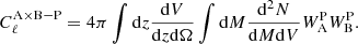 $$ \begin{aligned} C_{\ell }^\mathrm{A\times B-{P}} = 4 \pi \int \mathrm{d}z \frac{\mathrm{d}V}{\mathrm{d}z \mathrm{d}\Omega }\int \mathrm{d}M \frac{\mathrm{d}^2N}{\mathrm{d}M \mathrm{d}V} W^\mathrm{P}_{\rm A} W^\mathrm{P}_{\rm B}. \end{aligned} $$