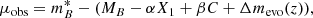 $$ \begin{aligned} \mu _{\rm obs}=m_B^*-(M_B-\alpha X_1+\beta C+\Delta m_{\rm evo}(z)), \end{aligned} $$