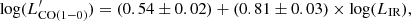 $$ \begin{aligned} \log (L^\prime _{\mathrm{CO(1-0)}}) = (0.54\pm 0.02) + (0.81\pm 0.03) \times \log (L_{\rm IR}), \end{aligned} $$