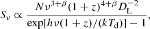 $$ \begin{aligned} S_{\nu } \propto \frac{N \nu ^{3+\beta } (1+z)^{4+\beta } D^{-2}_{\rm L}}{\mathrm{exp}[h \nu (1+z)/(k T_{\rm d})] - 1}, \end{aligned} $$