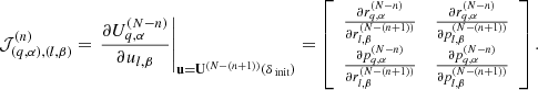 $$ \begin{aligned} \mathcal{J} ^{(n)}_{(q,\alpha ),(l,\beta )} = \left.\frac{\partial U^{(N-n)}_{q,\alpha }}{\partial u_{l,\beta }}\right|_{\mathbf{u}=\mathbf{U}^{(N-(n+1))}(\delta _\text{ init})} = \left[ \begin{array}{ccccc} \frac{\partial r_{q,\alpha }^{(N-n)} }{ \partial r_{l,\beta }^{(N-(n+1))} }&\frac{\partial r_{q,\alpha }^{(N-n)}}{ \partial p_{l,\beta }^{(N-(n+1))} } \\ \frac{\partial p_{q,\alpha }^{(N-n)}}{ \partial r_{l,\beta }^{(N-(n+1))} }&\frac{\partial p_{q,\alpha }^{(N-n)}}{ \partial p_{l,\beta }^{(N-(n+1))}} \end{array} \right]. \end{aligned} $$