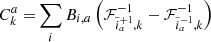 $$ \begin{aligned} C^a_k =&\sum _{i} B_{i,a} \left(\mathcal{F} ^{-1}_{\tilde{i}^{+1}_a,k} -\mathcal{F} ^{-1}_{\tilde{i}^{-1}_a,k} \right) \end{aligned} $$