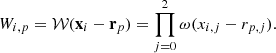 $$ \begin{aligned} W_{i,p}=\mathcal{W} (\mathbf{x}_i - \mathbf{r}_p)= \prod _{j=0}^2 \omega (x_{i,j} - r_{p,j}). \end{aligned} $$