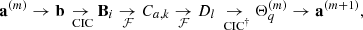 $$ \begin{aligned} \mathbf{a}^{(m)} \rightarrow \mathbf{b} \underset{\text{ CIC}}{\rightarrow } \mathbf{B}_i \underset{\mathcal{F} }{\rightarrow } C_{a,k} \underset{\mathcal{F} }{\rightarrow } D_l \underset{\text{ CIC}^\dagger }{\rightarrow }\mathbf{\Theta }^{(m)}_q \rightarrow \mathbf{a}^{(m+1)}, \end{aligned} $$