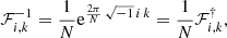 $$ \begin{aligned} \mathcal{F} ^{-1}_{i,k}= \frac{1}{N} \mathrm{e} ^{\frac{2\pi }{N}\,\sqrt{-1}\, i\, k}=\frac{1}{N} \mathcal{F} _{i,k}^{\dagger }, \end{aligned} $$