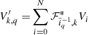 $$ \begin{aligned} V^{\prime }_{k,q} =&\sum _{i=0}^{N} \mathcal{F} ^*_{\tilde{i}^{-1}_q,k} V_i \end{aligned} $$