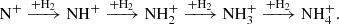 $$ \begin{aligned} {{\mathrm{N} ^{+}}} \xrightarrow {+ {{\mathrm{H} _2}}} {{\mathrm{NH} ^{+}}} \xrightarrow {+ {{\mathrm{H} _2}}} {{\mathrm{NH} _{2}^{+}}} \xrightarrow {+ {{\mathrm{H} _2}}} {{\mathrm{NH} _{3}^{+}}} \xrightarrow {+ {{\mathrm{H} _2}}} {{\mathrm{NH} _{4}^{+}}}. \end{aligned} $$